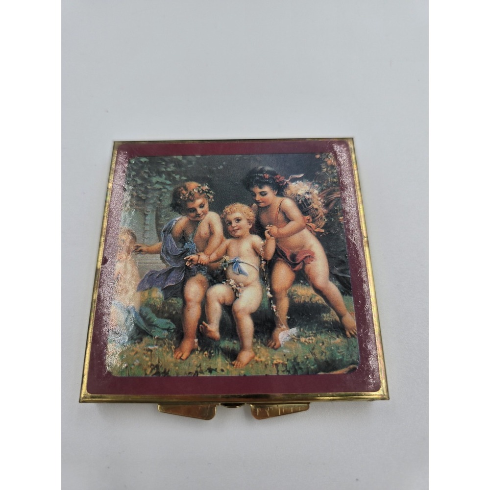 Vintage Cherubs Angels Gold Tone Pill Box Case 7 Day Organizer Mirror